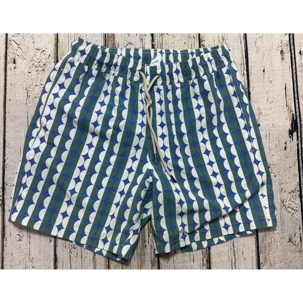 Fair Harbor Lined Performance Blue Green Geometric Swim Trunks 7" Inseam Men's M